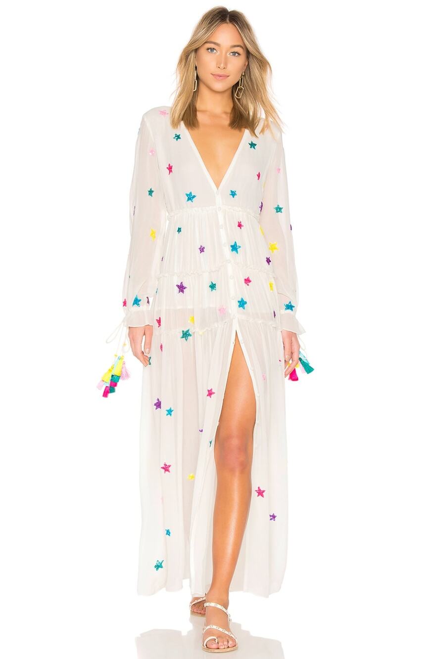 NWT Rococo Sand Stellar Sequin Star White Maxi Tiered Silk Dress Size XS